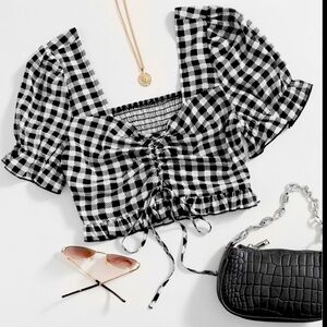 💚5 Gingham Drawstring Ruched Puff Sleeve Milkmaid Top size S
